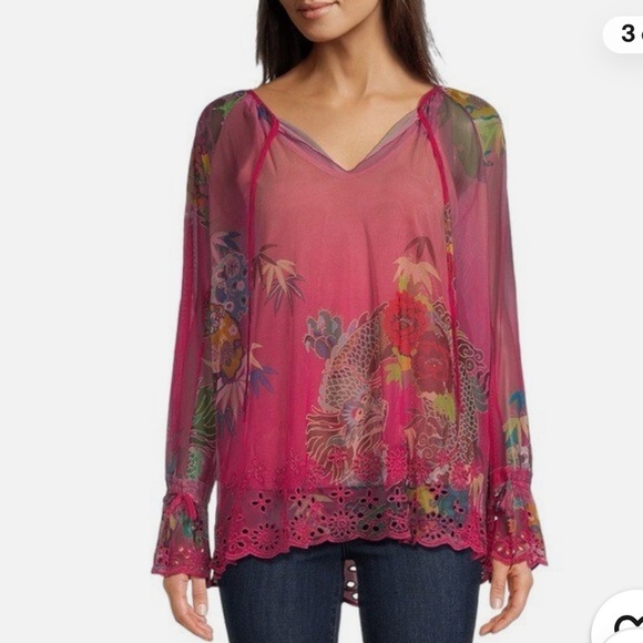 NWT JOHNNY WAS
Mazzy Floral Print Contrast Embroidered Mesh Split Peasant Blouse - Picture 4 of 7